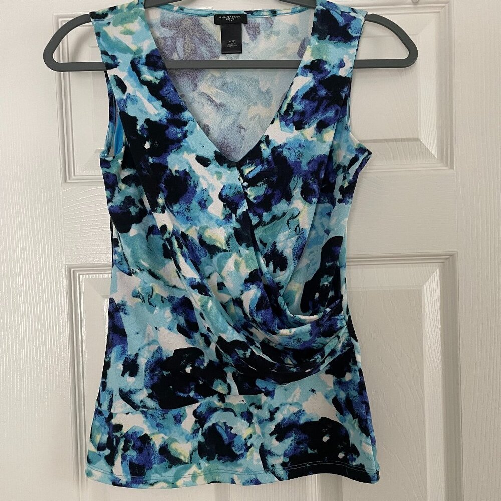 Ann Taylor sleeveless top, petite XXSP, faux-wrap v-neck, blue/black multi-color